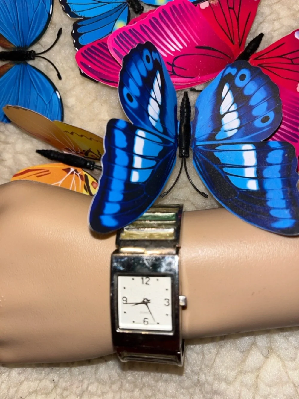 Silver Tone Women's Square Dial Watch with Blue Butterfly Accent